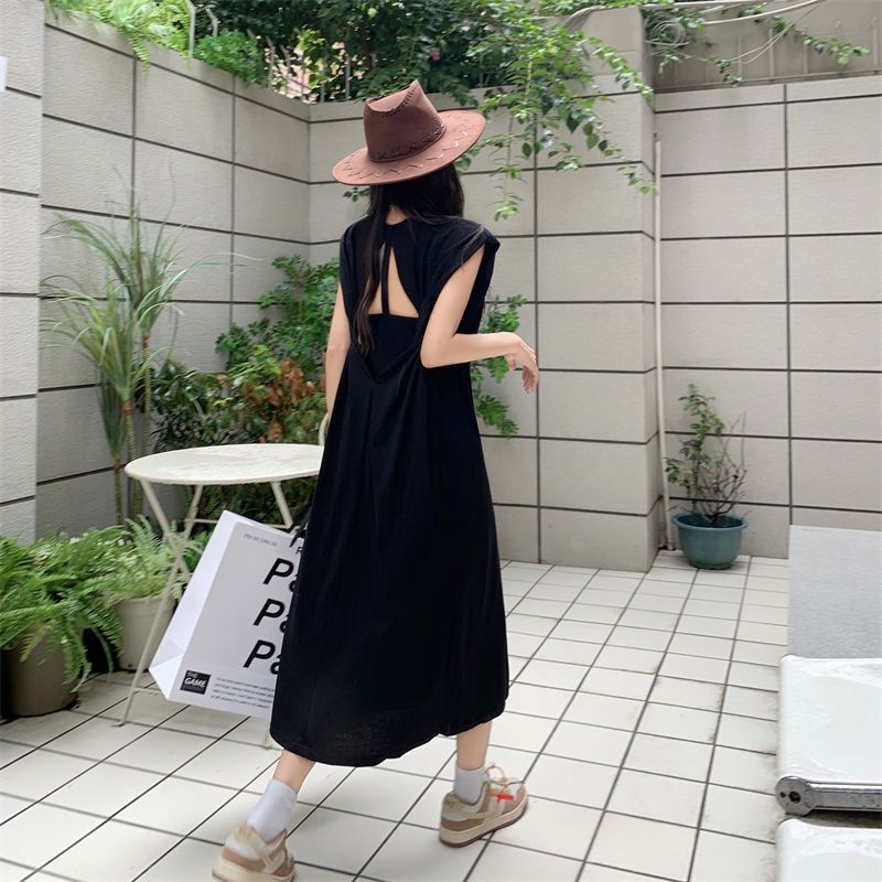 Hollow backless backless shoulder pad vest dress fat MM extra large size 300 catties summer loose hidden meat thin vest skirt