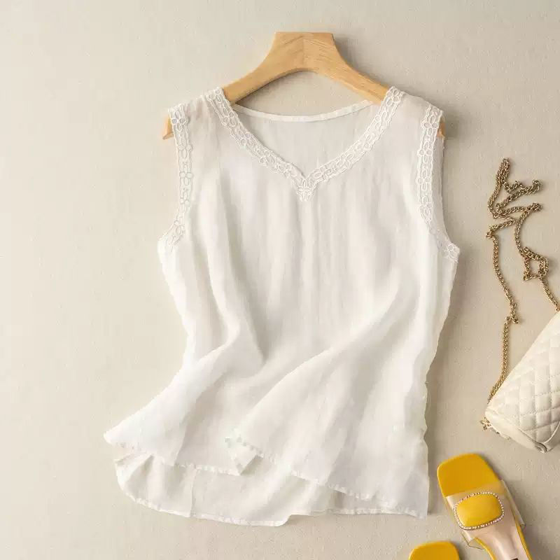 Pure cotton imitation cotton linen summer new retro small vest embroidered loose sleeveless top temperament wearing outside and wearing suspenders