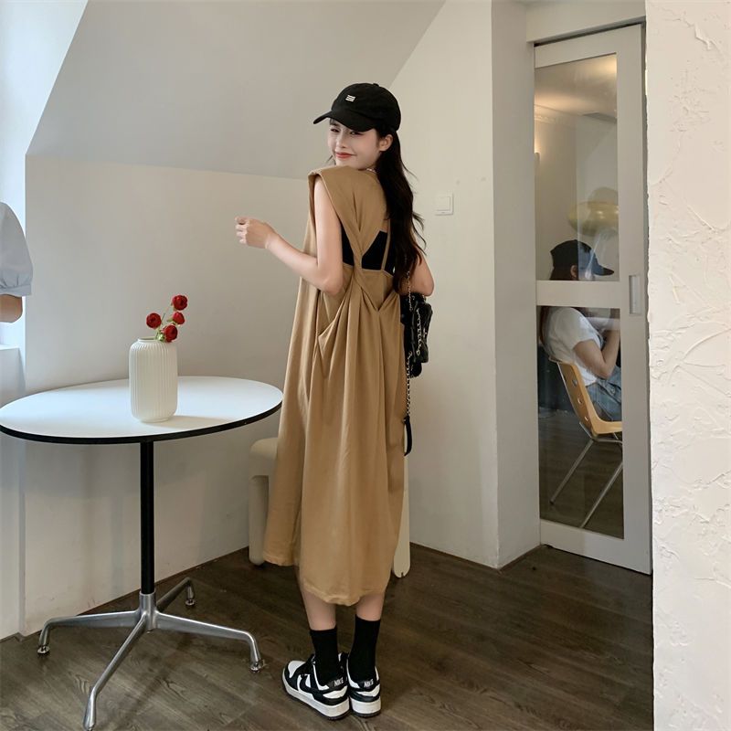 Hollow backless backless shoulder pad vest dress fat MM extra large size 300 catties summer loose hidden meat thin vest skirt