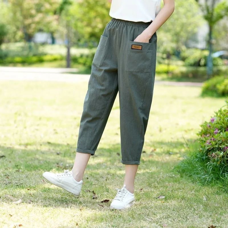 Pure cotton nine-point pants women's Korean version loose women's summer breathable casual harem pants student straight leg pants trendy