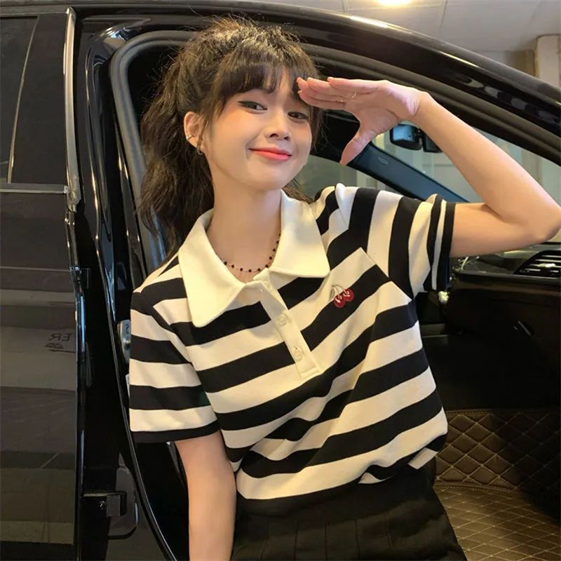 Summer polo collar striped short-sleeved T-shirt female Korean version of cherry Harajuku students loose casual students clothes tide