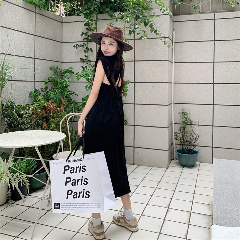 Hollow backless backless shoulder pad vest dress fat MM extra large size 300 catties summer loose hidden meat thin vest skirt