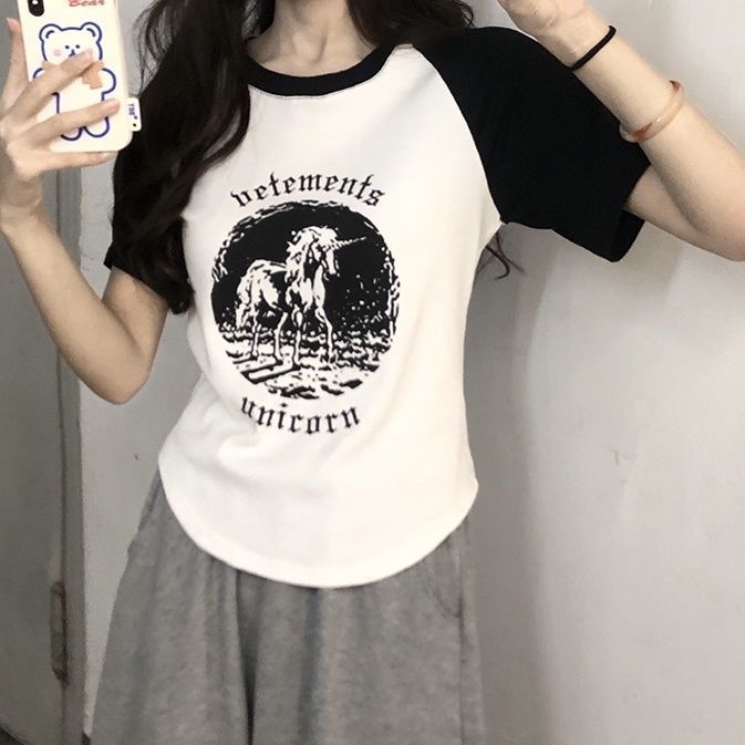 American retro  new hot girl slimming irregular raglan sleeves front shoulder slimming short-sleeved T-shirt top female summer