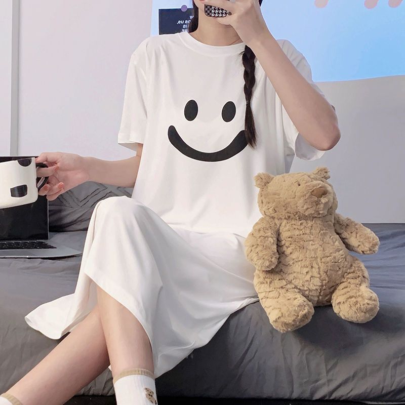 High-value nightdress female summer season short-sleeved thin pajamas cute loose large size long student home service