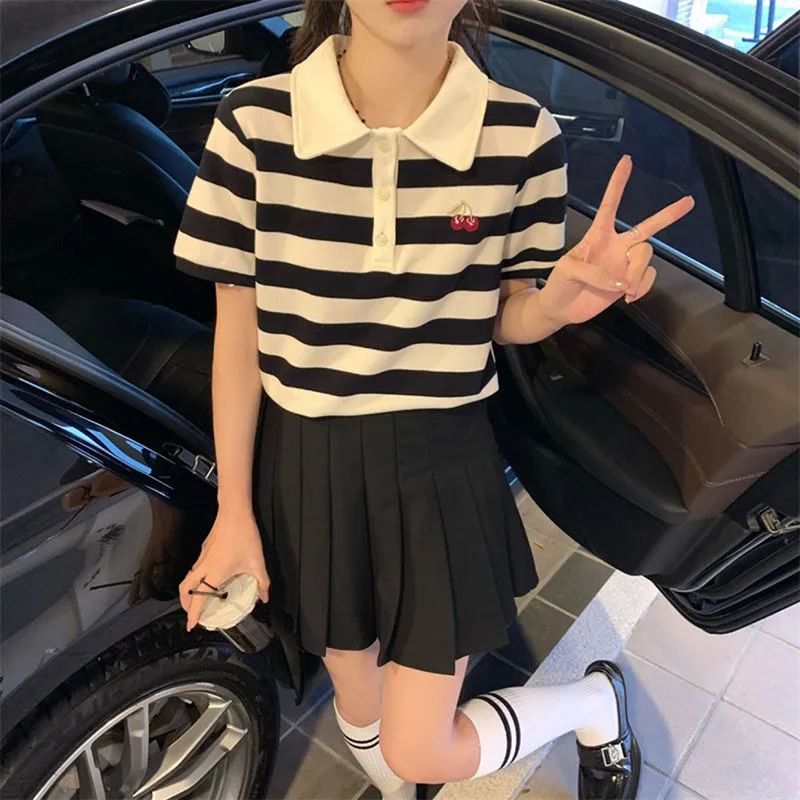 Summer polo collar striped short-sleeved T-shirt female Korean version of cherry Harajuku students loose casual students clothes tide