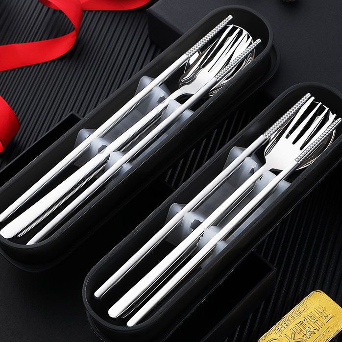 304不锈钢筷子勺子可爱便携餐具三件套装单人学生外带收纳餐具盒