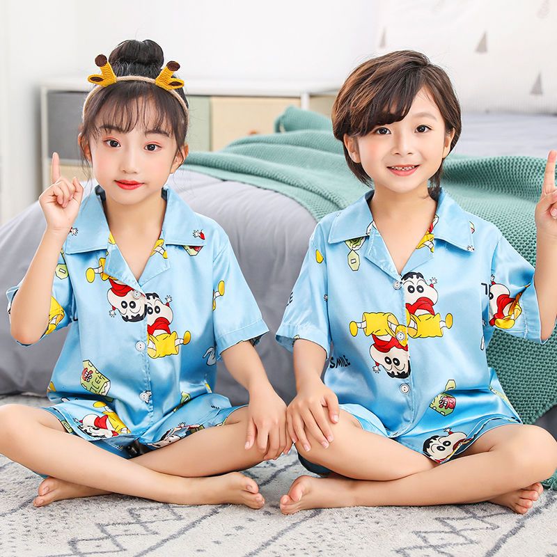 儿童睡衣夏季冰丝薄款短袖套装可爱卡通男女孩空调服中大童家居服