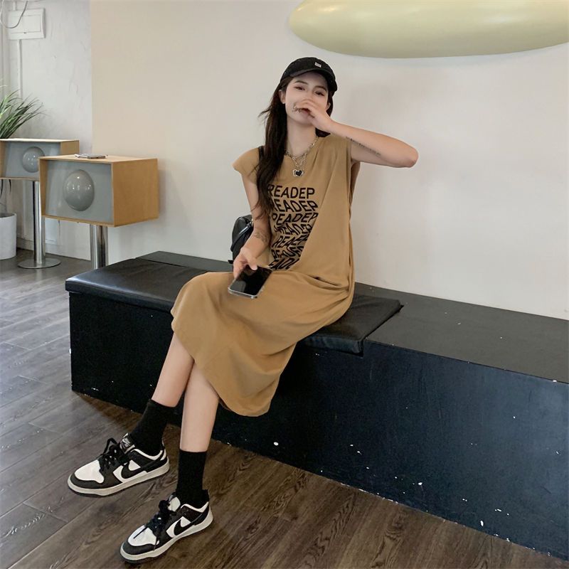 Hollow backless backless shoulder pad vest dress fat MM extra large size 300 catties summer loose hidden meat thin vest skirt