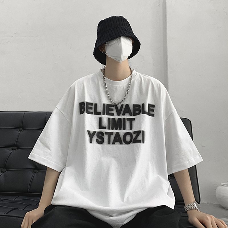 100%純棉短袖t恤男潮ins港風夏季字母oversize潮牌青少年半袖體恤