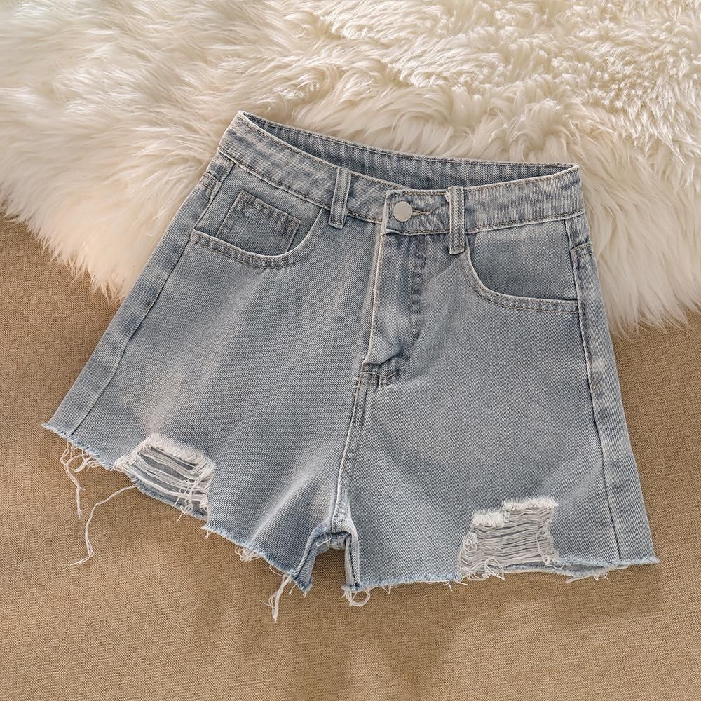 Girls' 2022 summer suit sweet short shirt tea top middle-aged and big boy denim ripped shorts two-piece set