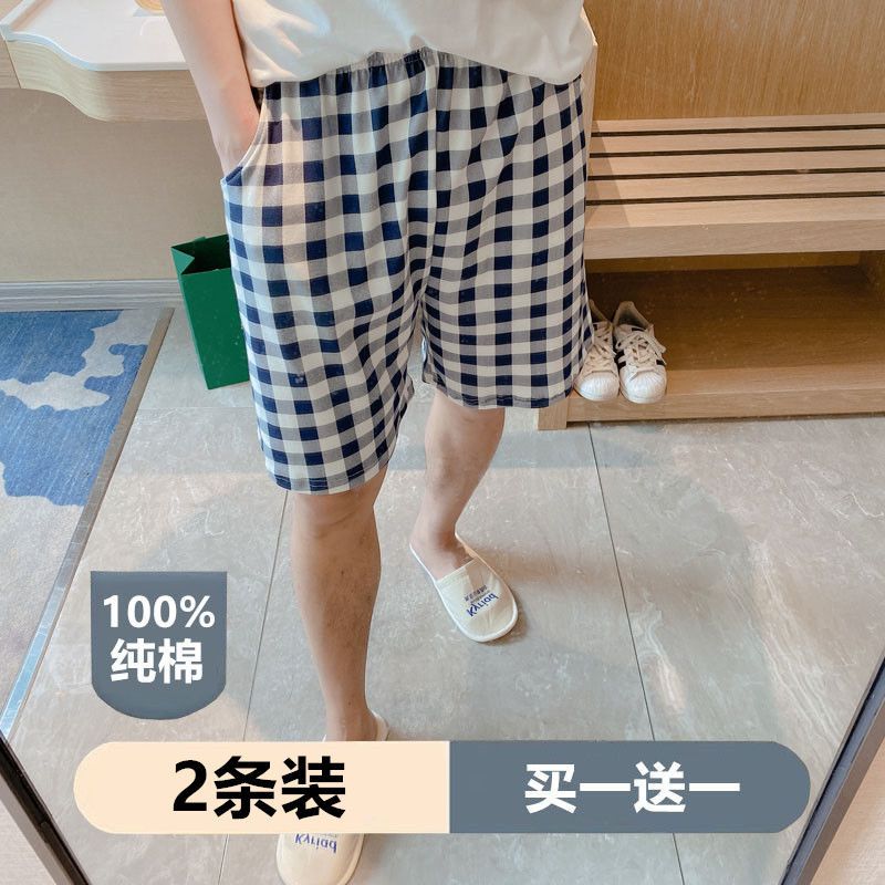 Cotton pajama pants men's summer thin section casual loose plus fat plus size summer beach pants shorts plaid cotton