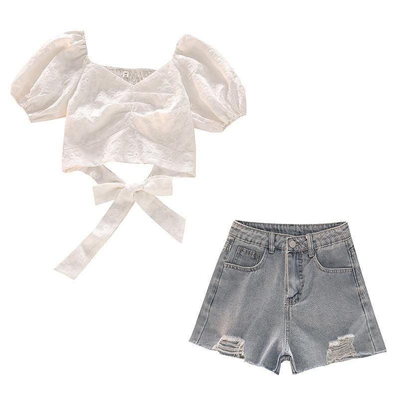 Girls' 2022 summer suit sweet short shirt tea top middle-aged and big boy denim ripped shorts two-piece set