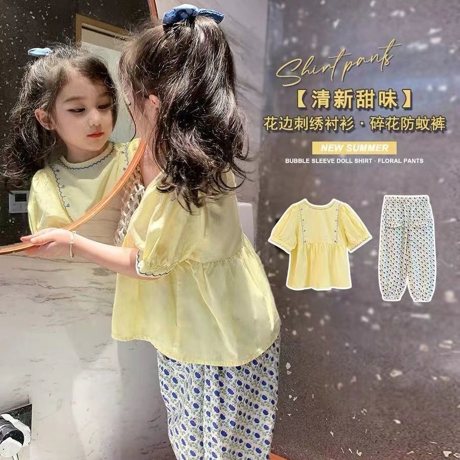 女童短袖套装2023夏季新款儿童韩版泡泡袖衬衫上衣长裤洋气两件套