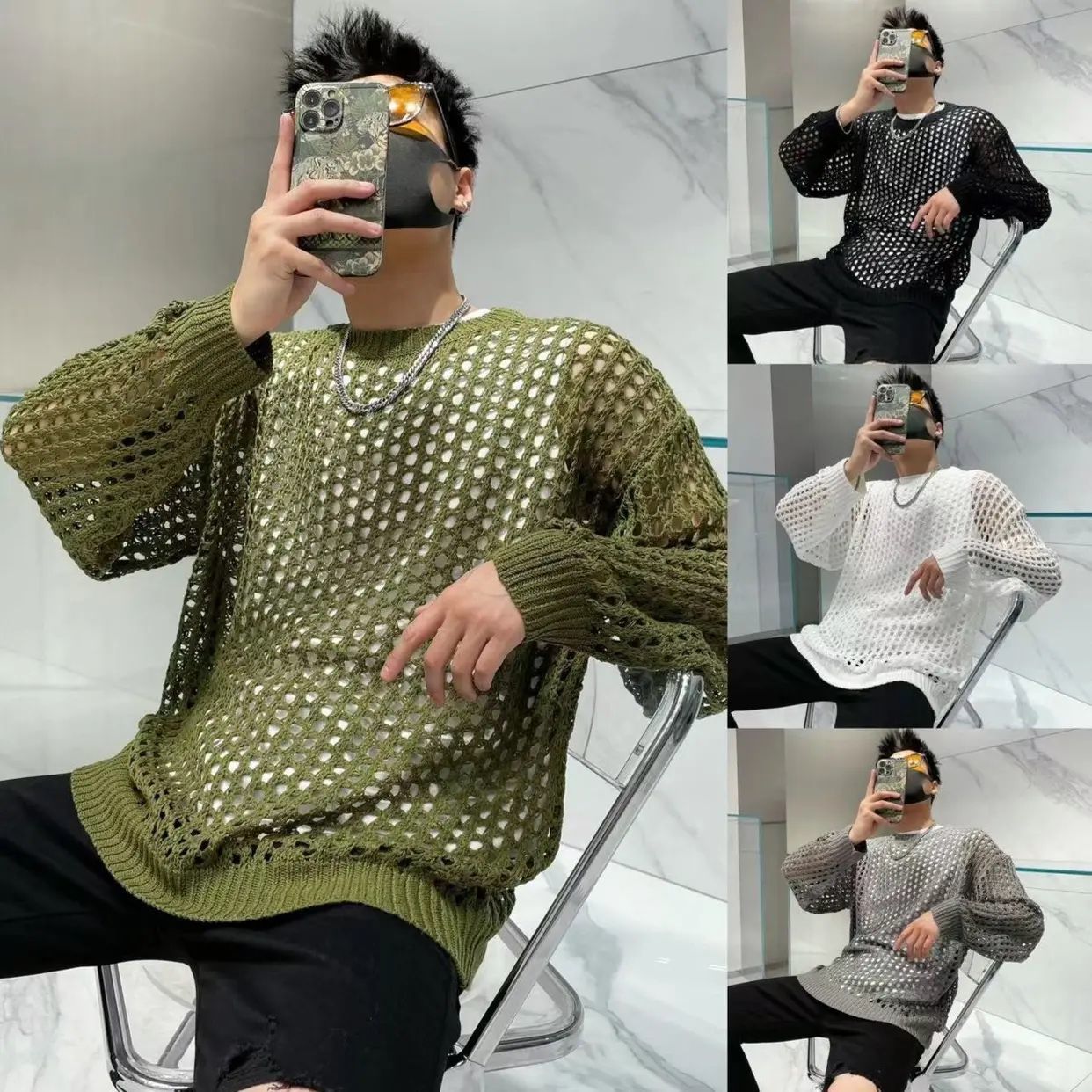 Design sense hollow knitted sweater long-sleeved  summer new fashion niche personality sweater summer round neck trend