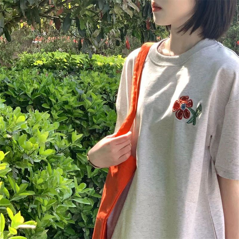 Embroidered flowers [100% cotton] light gray all-match short-sleeved T-shirt female college style student loose INS top