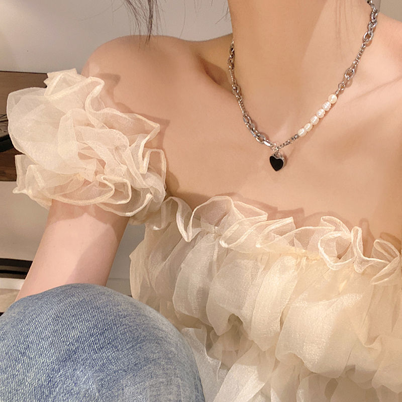 Pearl Stitching Love Necklace Women's Summer Advanced Design Sense Niche Black Exquisite Clavicle Chain Sweet Cool Necklace Ins