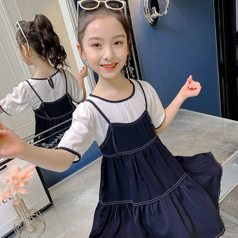 女童夏裝連衣裙2022新款兒童洋氣公主裙中大童夏季女孩假兩件長裙