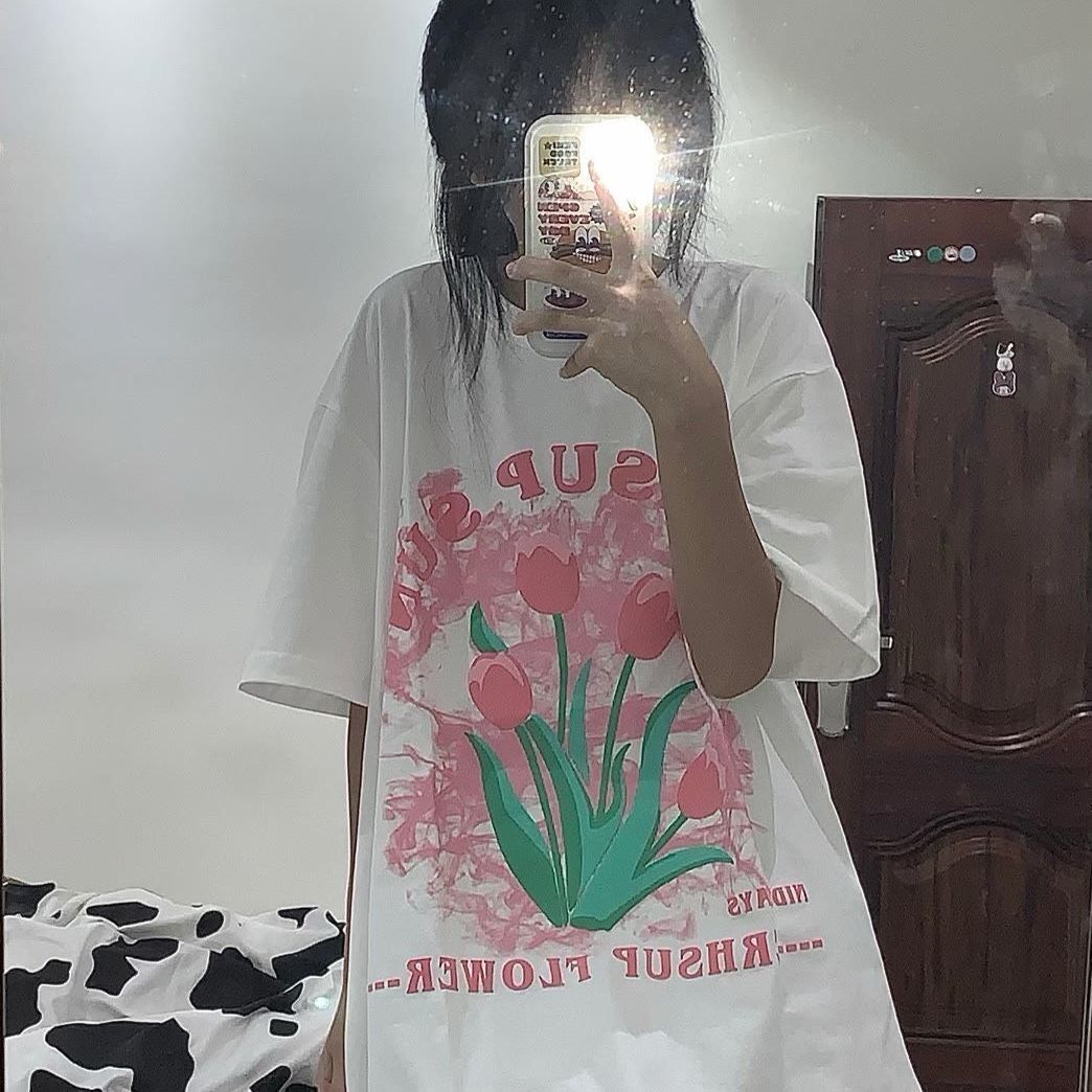 美式甜酷風復古鬱金香花卉t恤女日系甜美百搭寬鬆夏裝短袖上衣