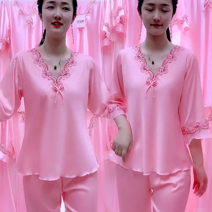 Large size silk pajamas women's summer long-sleeved trousers thin two-piece suit sexy ice silk style home clothes women's single piece
