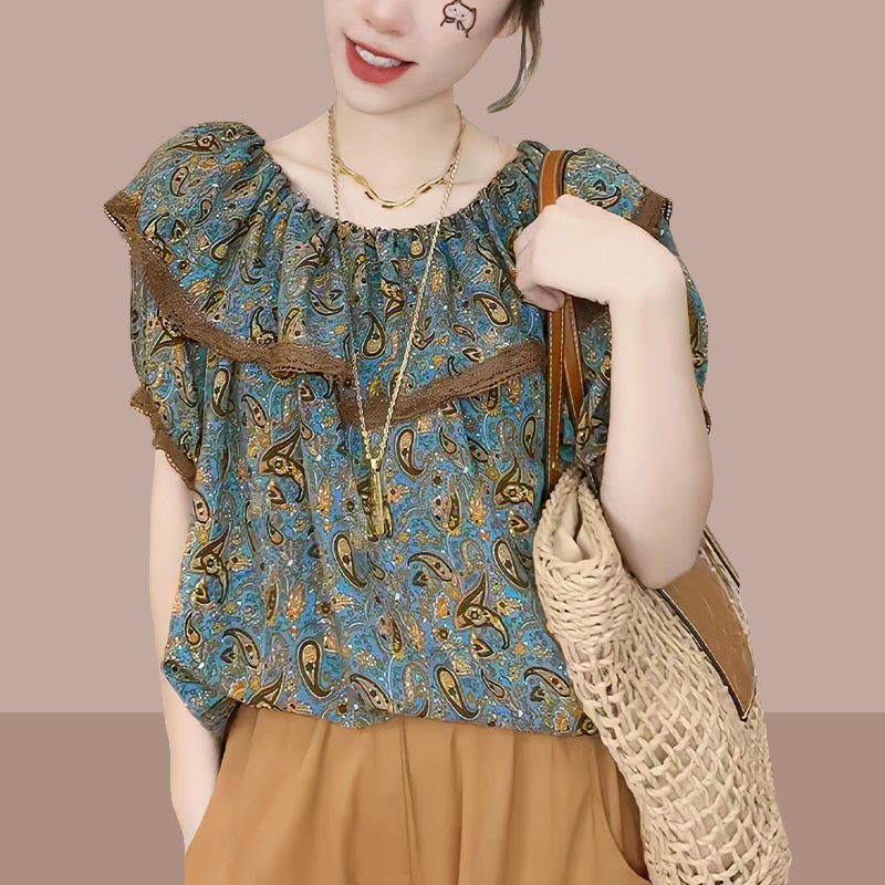 European Station 2023 Summer New Ruffled Floral Short-sleeved Shirt Women's Design Feeling Niche Western Style Age-Reducing Temperament