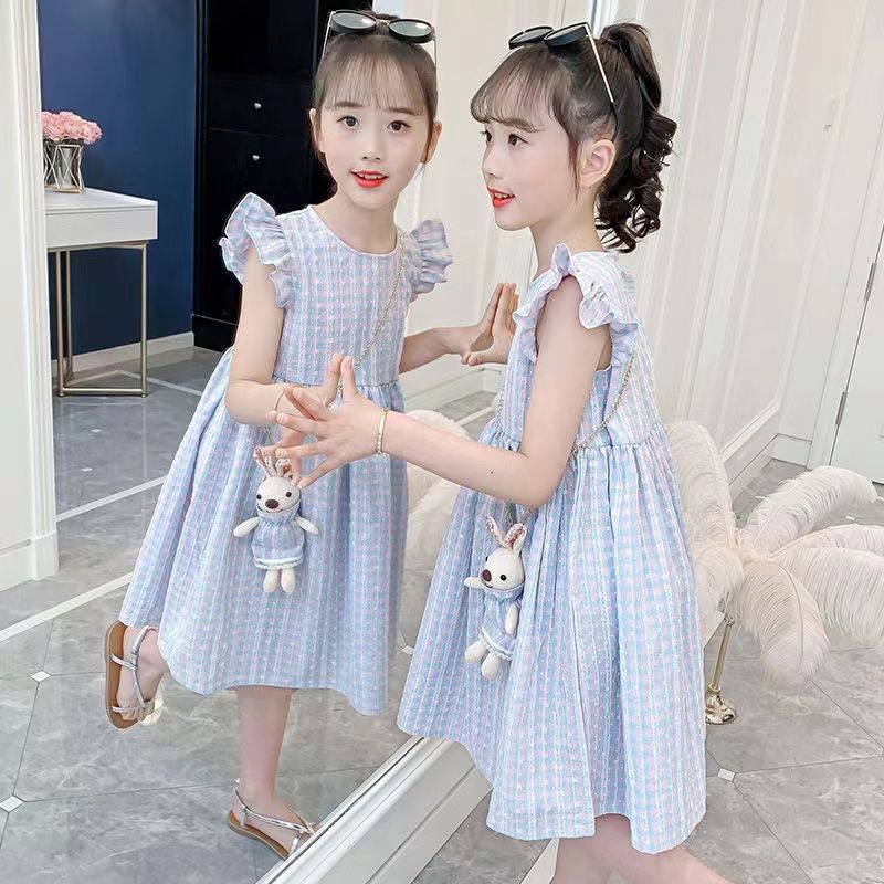 女童連衣裙夏裝2023新款兒童裙子中大童洋氣公主裙夏季棉布格子裙