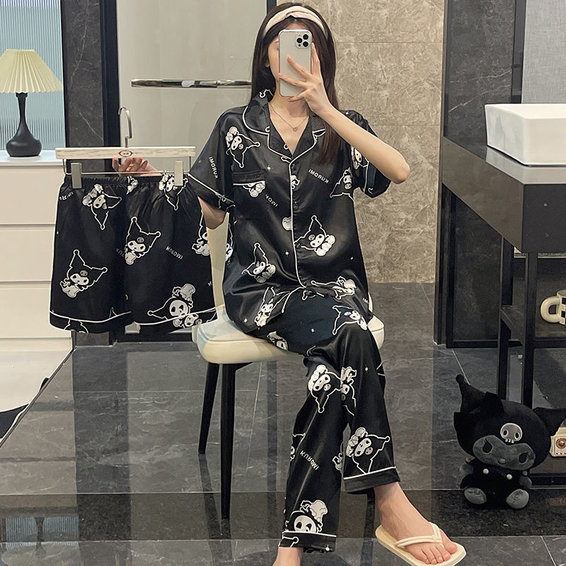 冰絲涼快睡衣女夏天三件套短袖可愛卡通夏款新款可出門開衫家居服