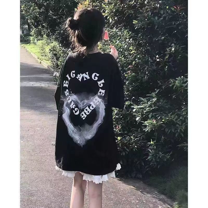 Guochao brand American street smoke love short-sleeved t-shirt women's summer pure cotton hip-hop design sense niche ins top
