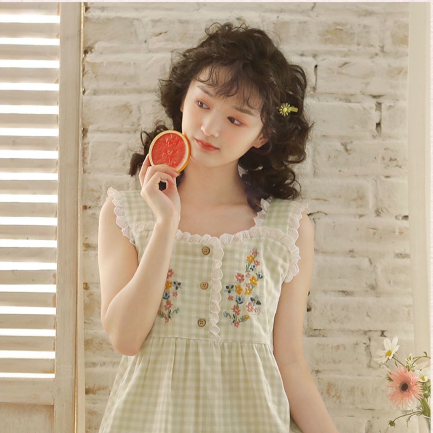 Japanese ~ sweet pajamas women's pure cotton summer and autumn new embroidery cute suspenders shorts suit casual home service