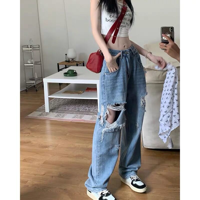 2023 summer new American style high waist loose straight ripped jeans female street personality beggar pants ins tide