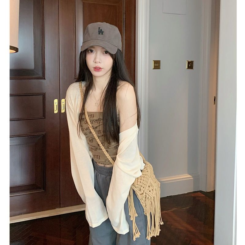 Thin sun protection clothing cardigan women's two-piece suit summer new pure desire hot girl short tube top vest wrap chest top
