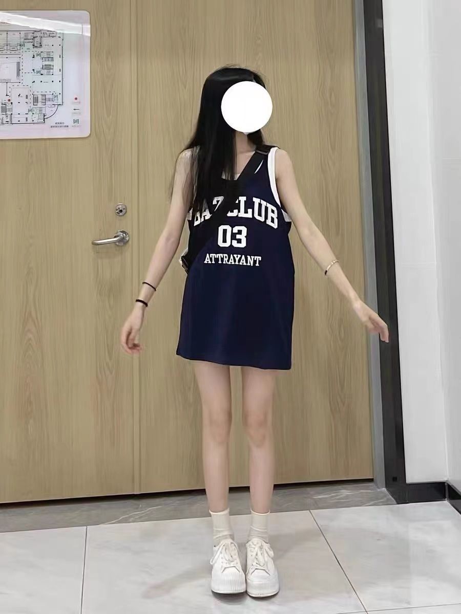 撞色字母運動無袖T恤女夏季2022新款設計感寬鬆中長款百搭上衣潮