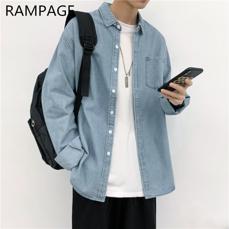 Rampage Japanese retro washed denim shirt men's long-sleeved ins tooling shirt casual all-match thin jacket