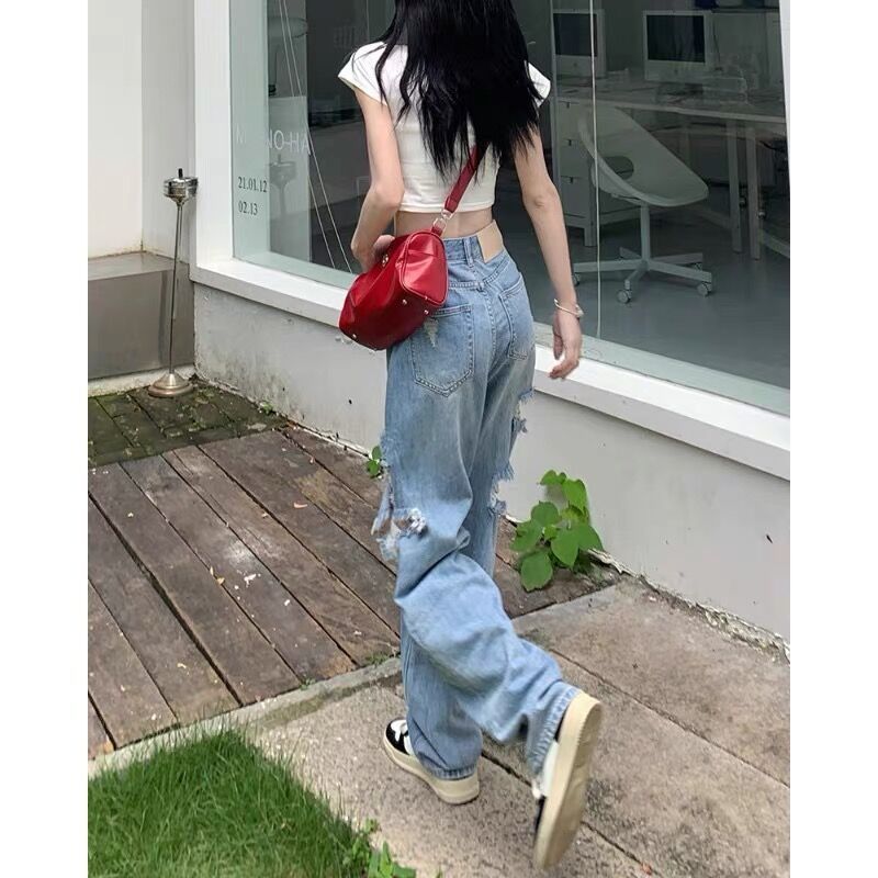  summer new American style high waist loose straight ripped jeans female street personality beggar pants ins tide