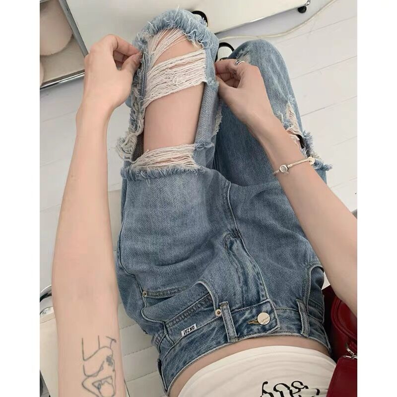  summer new American style high waist loose straight ripped jeans female street personality beggar pants ins tide