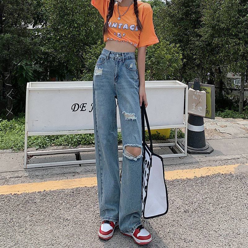 破洞牛仔褲女夏季薄款高腰直筒寬鬆顯瘦高街潮ins垂感闊腿拖地褲