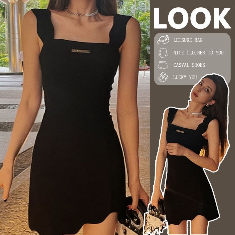 Black wavy edge suspender dress for women summer 2022 new chic unique waist slimming short skirt