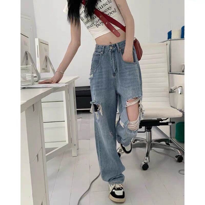  summer new American style high waist loose straight ripped jeans female street personality beggar pants ins tide