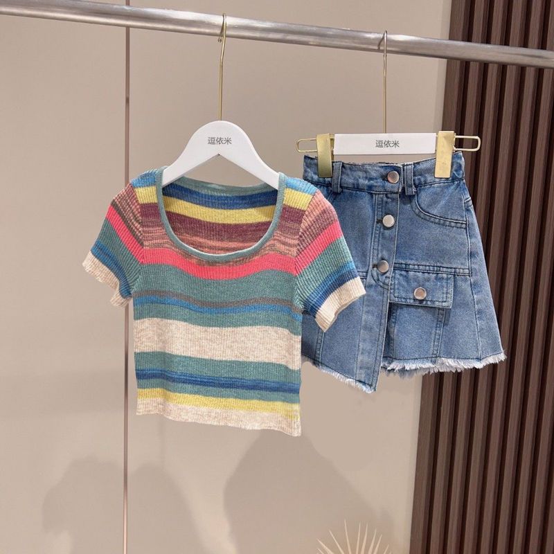 女童短袖套裝夏裝2022洋氣新款中大兒童夏季女孩牛仔短褲兩件套潮