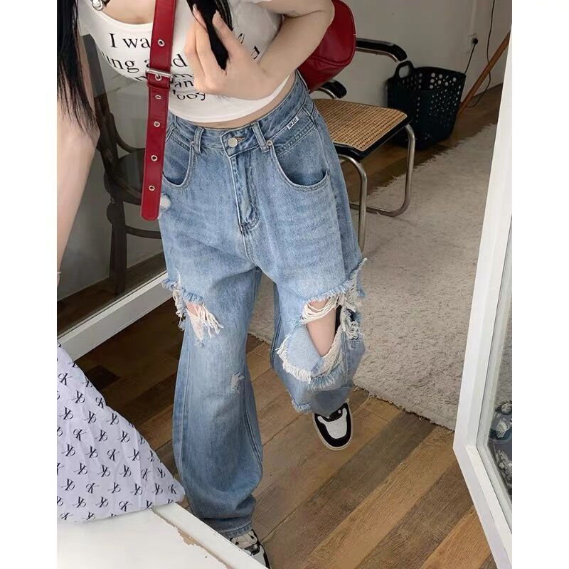  summer new American style high waist loose straight ripped jeans female street personality beggar pants ins tide