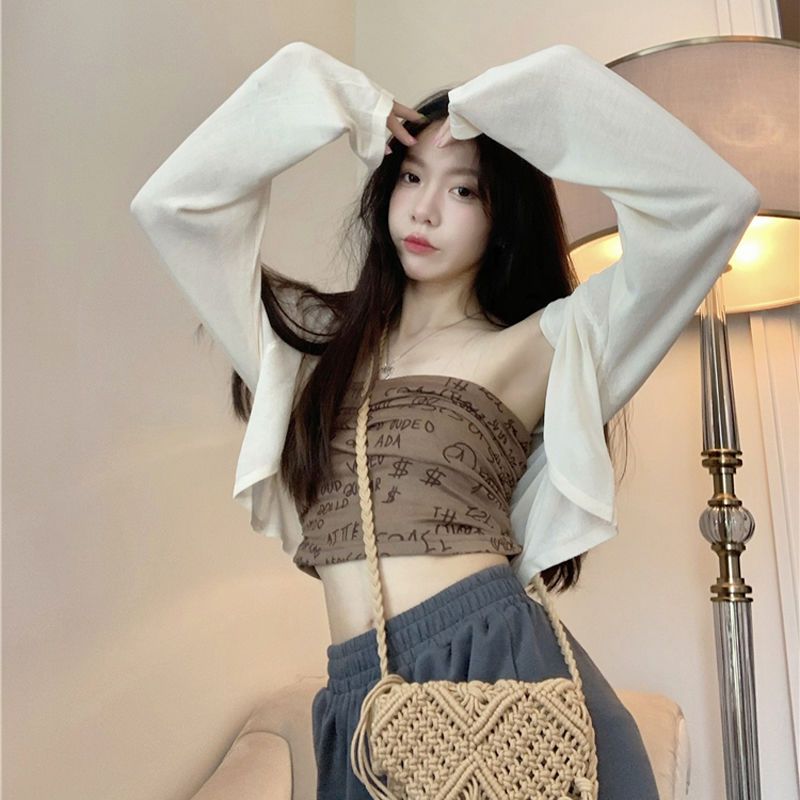 Thin sun protection clothing cardigan women's two-piece suit summer new pure desire hot girl short tube top vest wrap chest top