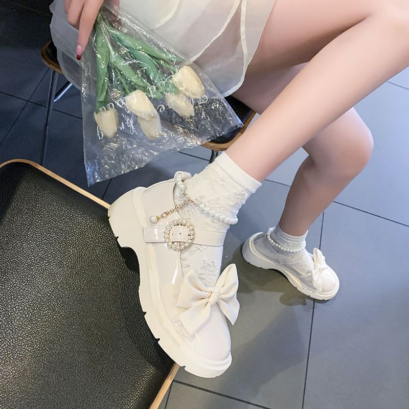 蝴蝶結小皮鞋女軟底2022新款百搭配裙子JK瑪麗珍鞋珍珠一字扣單鞋