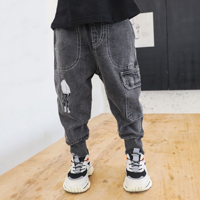 Boys' single pants jeans new school trend children's clothing elastic warm pants loose teen trousers autumn and winter
