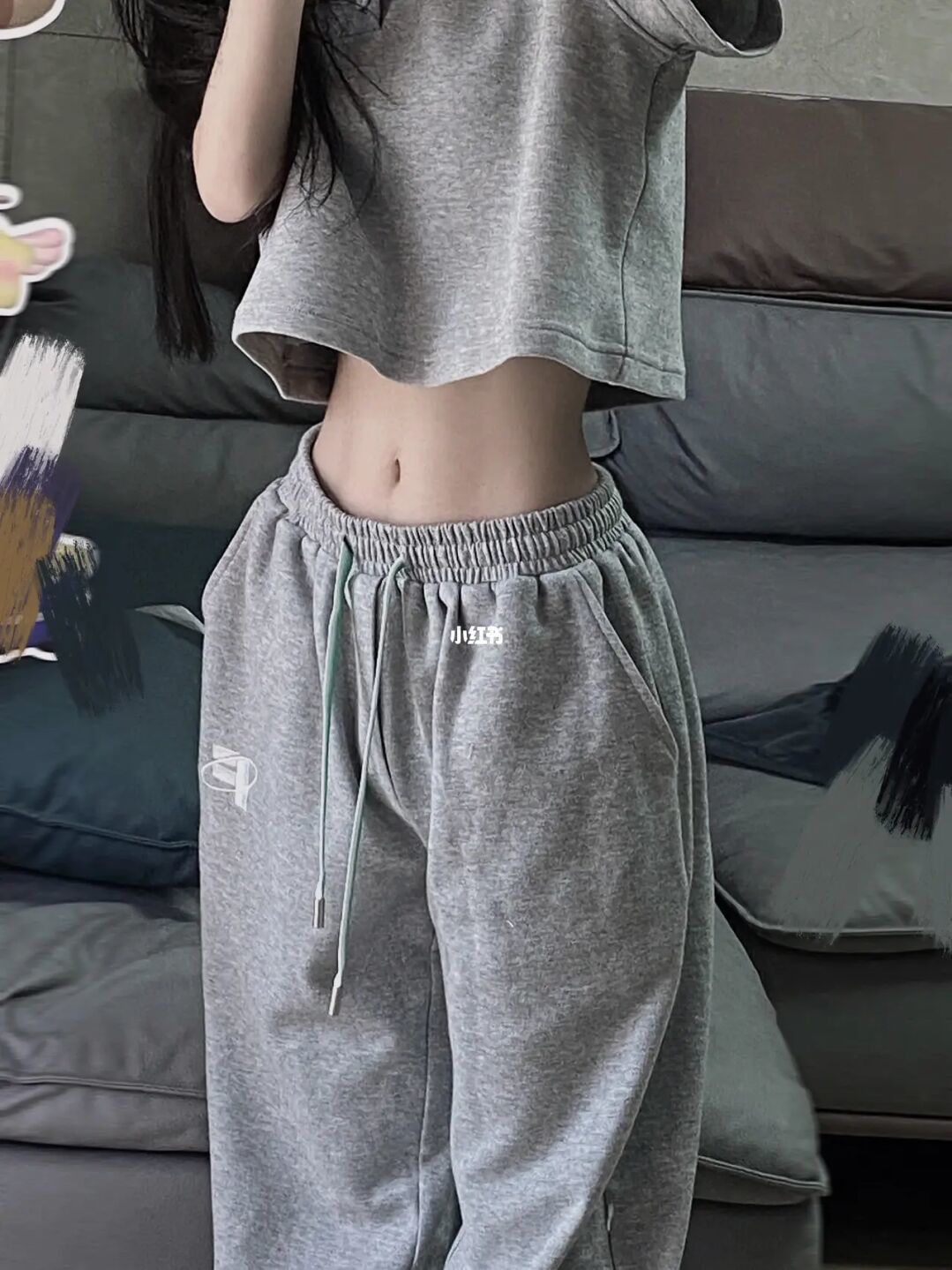 American retro gray running sportswear suit women's summer loose polo short-sleeved trousers casual two-piece suit