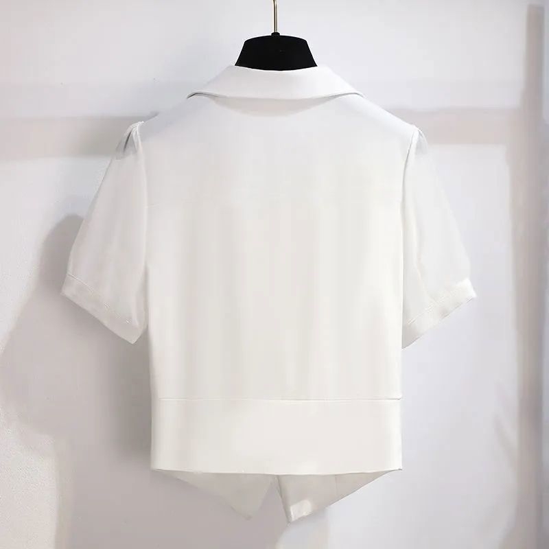 白色雪纺短袖衬衫女夏季2022新款别致漂亮气质短款小衫高级感上衣