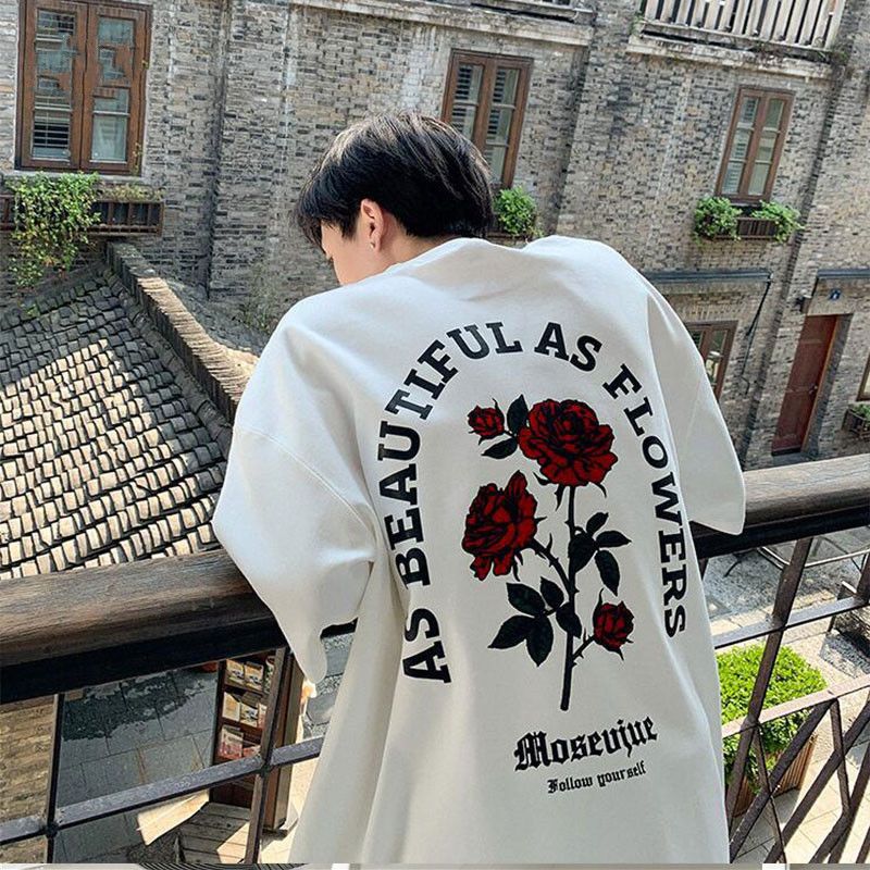 美式復古玫瑰印花短袖T恤男女生夏季高街潮牌ins五分袖設計感半袖