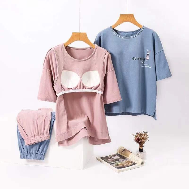100%純棉睡衣女夏季短袖短褲兩件套裝帶胸墊睡衣全棉家居服可外穿