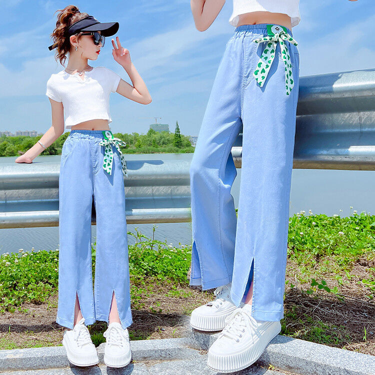 天絲牛仔褲闊腿褲女2022春秋新款百搭高腰顯瘦淺色百搭鬆緊直筒褲