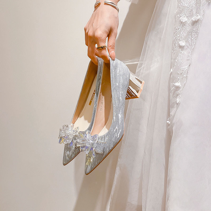 定制法式水晶新娘婚鞋女秀禾服主婚纱两穿孕妇粗跟低跟带钻高跟鞋