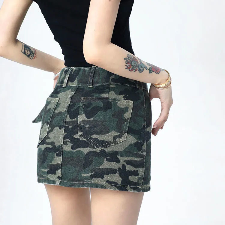 High street ins camouflage denim bag hip skirt women 2023 summer new tooling babes high waist slimming a-line skirt