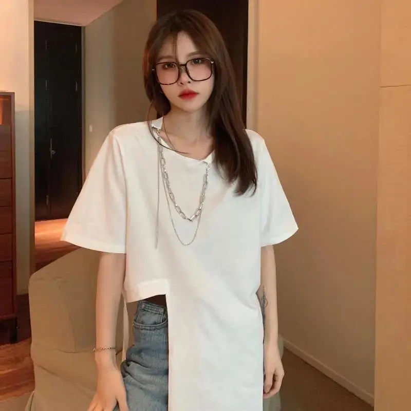 Irregular short-sleeved T-shirt women's summer Korean version  new design sense niche loose white chic top tide